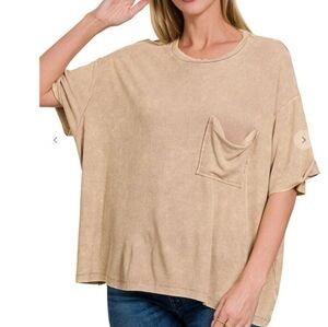 WASHED RIBBED CUFFED SHORT SLEEVE ROUND NECK TOP